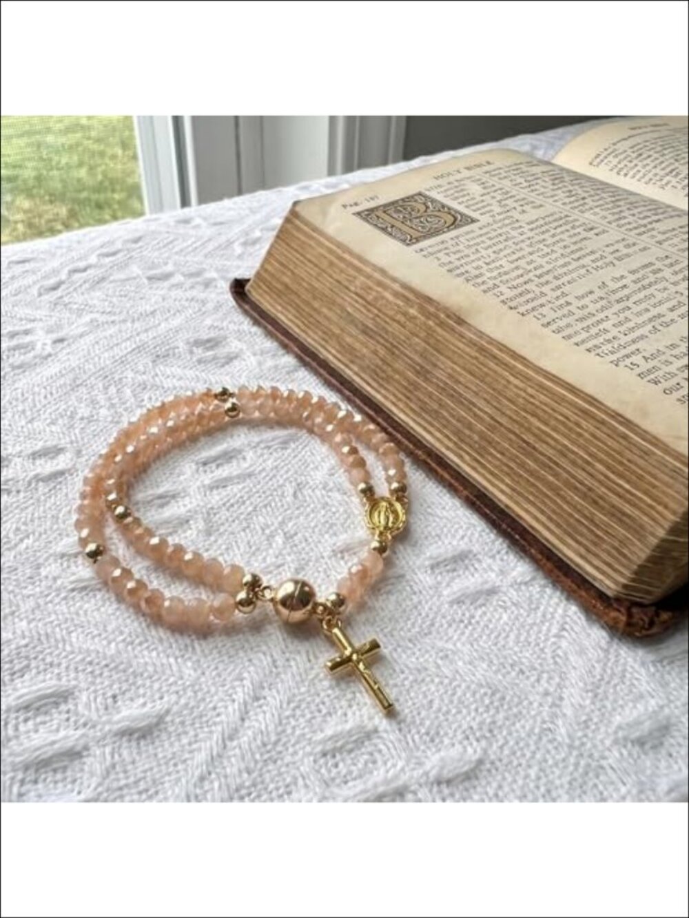 Rosary Cross Bracelet Women Crystal Beaded Gold Cross Pendant Religious Charm - Picture 3 of 6